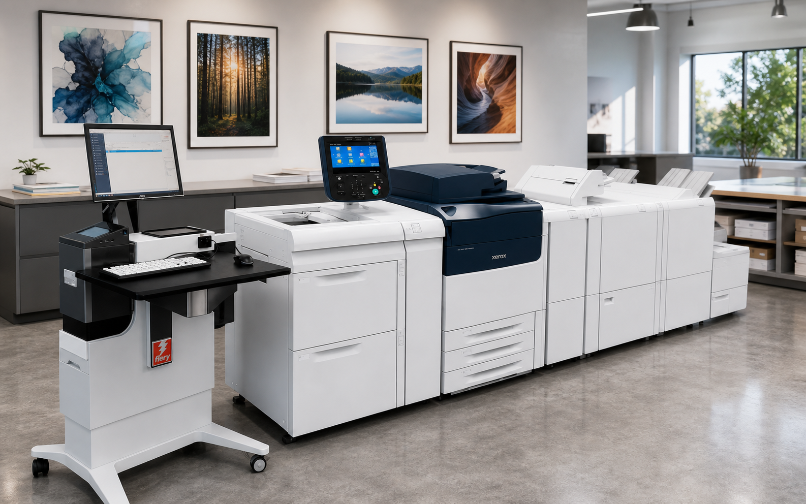 Xerox Versant 280 in a professional print production room with framed giclée artwork