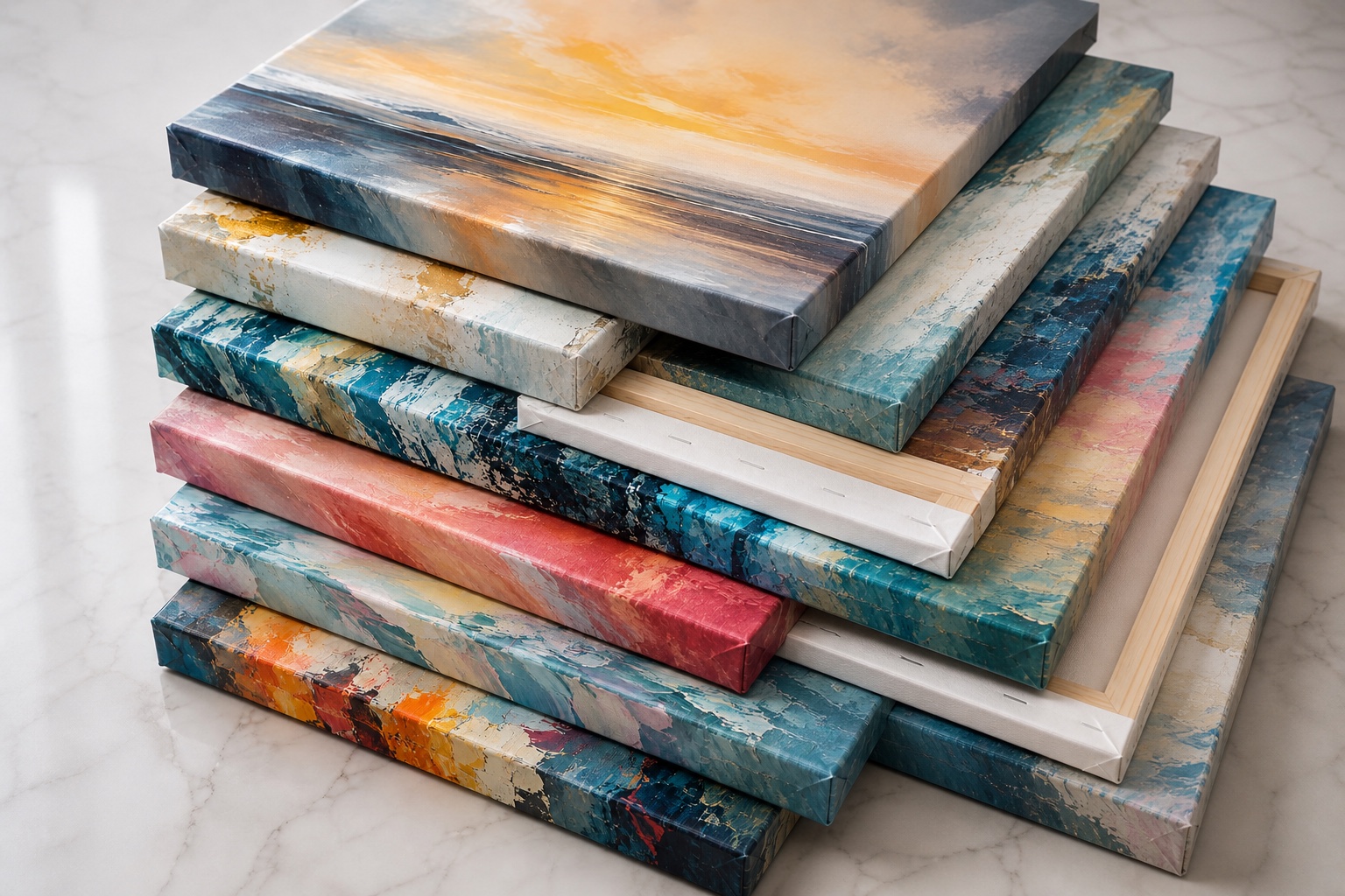 A deep stack of colorful stretched abstract fine art canvases