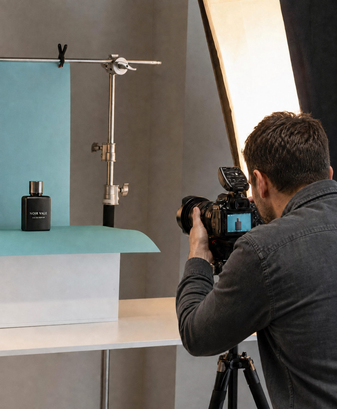 A photographer capturing a perfume bottle in a professional studio